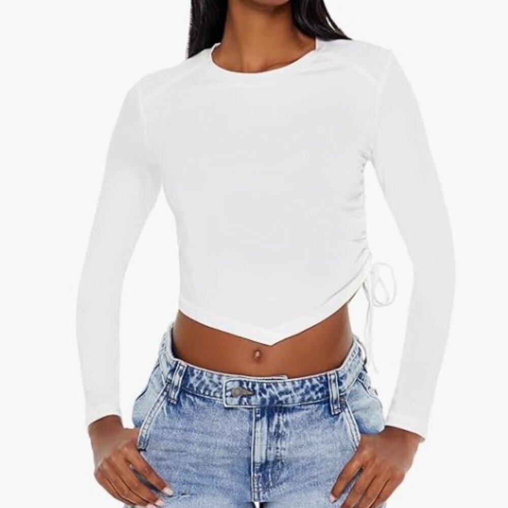 3/$20 Bundle 🌈Forever 21 Ruched Drawstring Long-Sleeve Crop Top White M